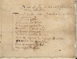 Image of the List of books on loan, attached to the will of John Pilkington of Durham. Ref: DPRI/1/1609/P3/1-4