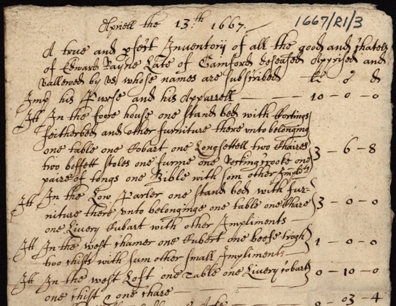 Image of the Inventory of Edward Rayne of Snow Hall, yeoman . Ref: DPRI/1/1667/R1/3