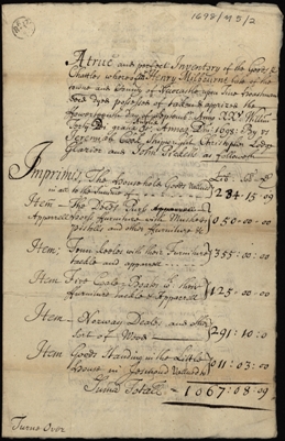 Image of the Inventory of Henry Milbourne gentleman of Newcastle upon Tyne, hoastman. Ref: DPRI/1/1698/M5/2-3