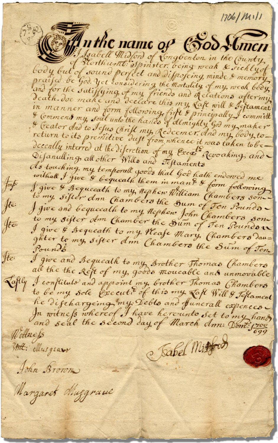Full image of the will of Isabel Mitford of Longbenton. Ref: DPRI/1/1706/M1/1