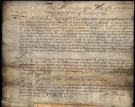 Image of the nuncupative will of Samuel Kenyon mariner of Boston, Massachusetts and Manchester, England. Ref: DPRI/1/1710/K2/1