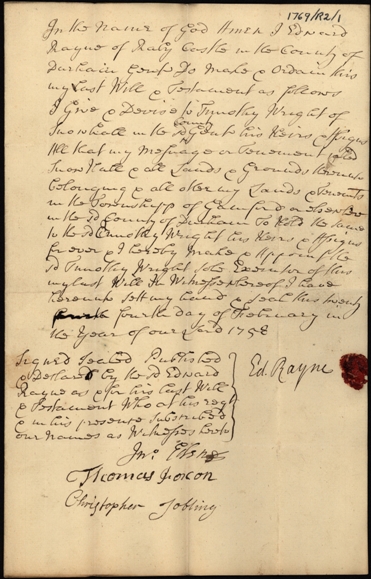 Image of the Will of Edward Rayne of Raby Castle, gentleman. Ref: DPRI/1/1769/R2/1-2