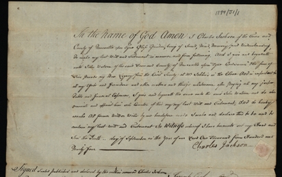 Image of the 1794 will of Charles Jackson, glass grinder. Ref: DPRI/