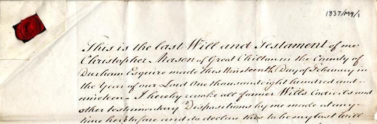 Excerpt from the will of Christopher Mason. Ref: DPRI/1/1837/M1/1.