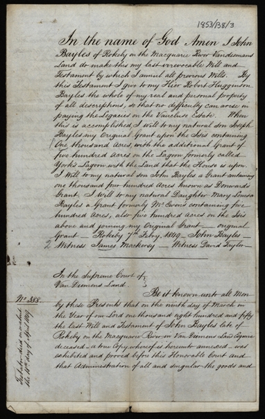 Image of the will of John Bayles esquire of Rokeby, Tasmania. Ref: DPRI/1/1853/B8/3-5