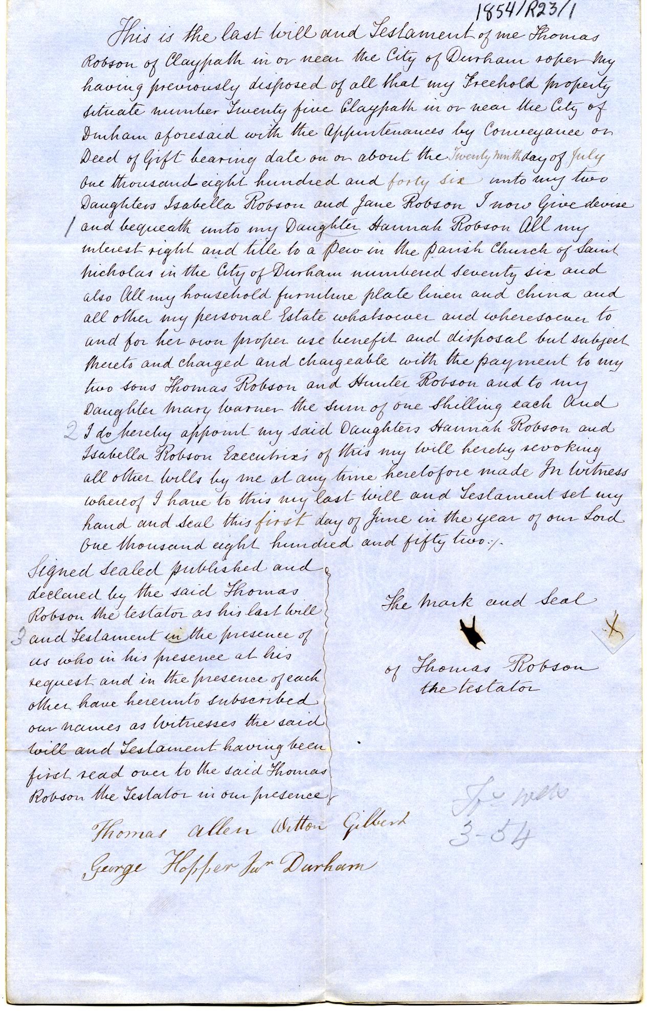 Image of the will of Thomas Robson. Ref: DPRI/1/1854/R23/1.