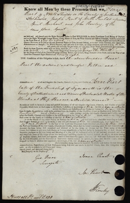 Image of the Administration bond of Isaac Peart, master of the ship Shannon. Ref: DPRI/3/1828/A90