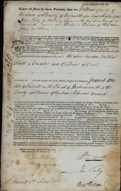 Image of the Administration bond for the estate of Jeremiah Abbs, a ship-owner of Fulwell. Ref: DPRI/3/1834/A56