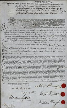 Image of the Administration bond for the estate of Sarah Jarrett of Blackett Street, Newcastle upon Tyne, widow. Ref: DPRI/3/1853/A221