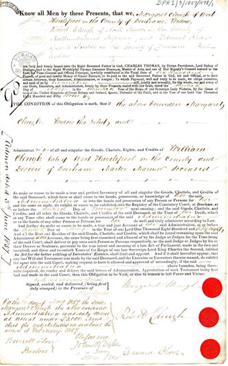 Image of the administration bond for the estate of William Cleugh. Ref: DPRI/3/1857/A98/1