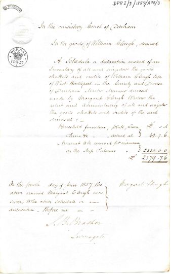 Full image of the Inventory of William Cleugh. Ref: DPRI/3/1857/A98/3