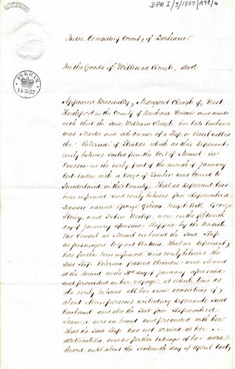 Full image of page 1 of the affidavit of Margaret Cleugh. Ref: DPRI/3/1857/A98/4