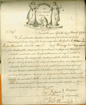 Image of the Liberal Society of Tradesmen certificate of Michael Arthur of Newcastle, inn keeper. Ref: Newcastle Libraries, Local Studies and Family History Centre