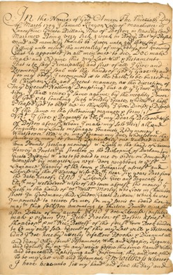 Image of the nuncupative will (page 1) of Samuel Kenyon mariner of Boston, Massachusetts and Manchester, England. Ref: MA Supreme Judicial Court Archives