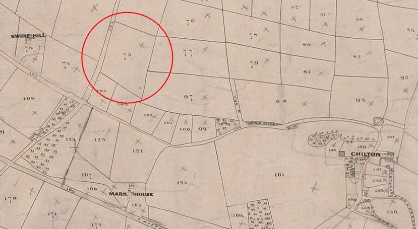 Excerpt from the Tithe Plan for Chilton parish: Poors Field is field number 75. Ref: DDR/EA/TTH/1/42.