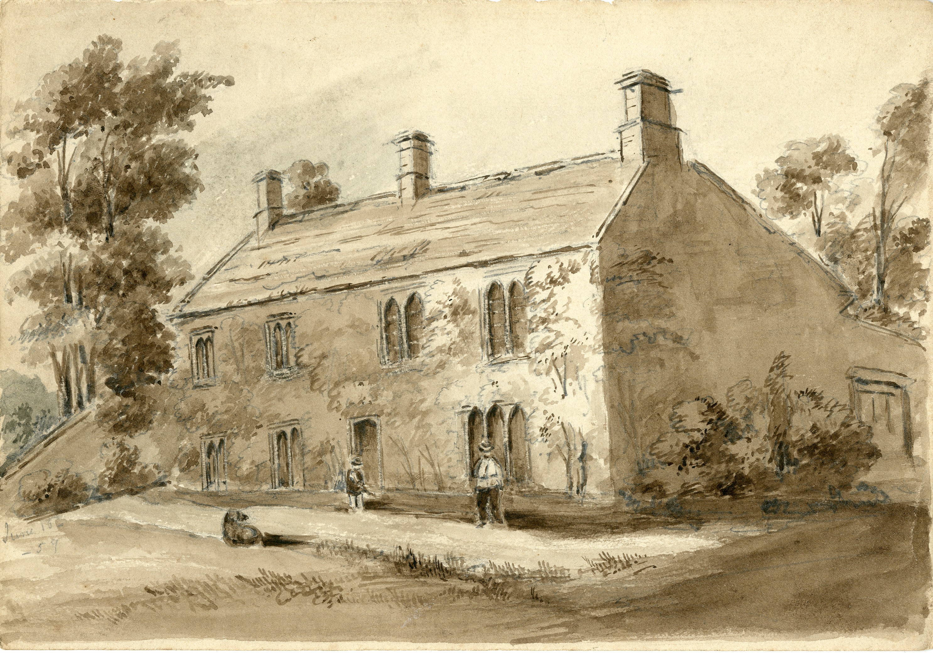 Image of a Sepia drawing of Snow Hall, drawn, perhaps by Jane Raine, on 18 June 1859. Ref: DCRO D/X/ 332/138