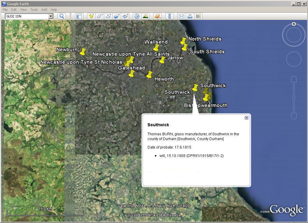 Image of a screenshot of a subset of geocoded probate data viewed in Google Earth